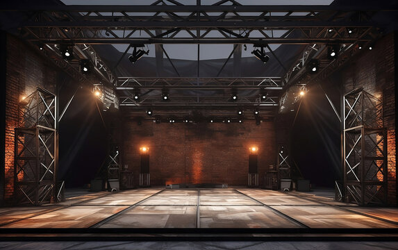 Concert stage with brick walls, metal trusses and soffit lights, industrial vibe