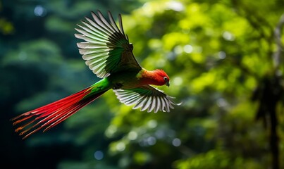 Flying Resplendent Quetzal, Pharomachrus mocinno, Savegre in Costa Rica, with green forest in the background.