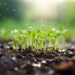 Plant seeds sown in the field and green sprout young cotyledon with water droplets and fresh rain and raindrops on the leaves  - obrazy, fototapety, plakaty