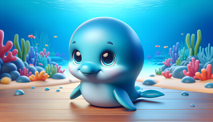  A 3D rendering of a whimsical and adorable baby dolphin character. The dolphin has big, expressive eyes and a cheerful smile. Its body is sleek, Generative AI