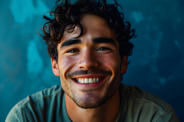 Man with Curly Hair Smiling Against Blue Background. Generative AI