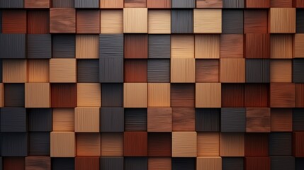 Wooden Wall background with square blocks stack tiles. AI generated image