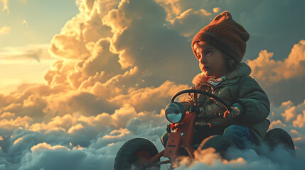 Child Riding Bike in Clouds with Sunset Sky. Generative AI