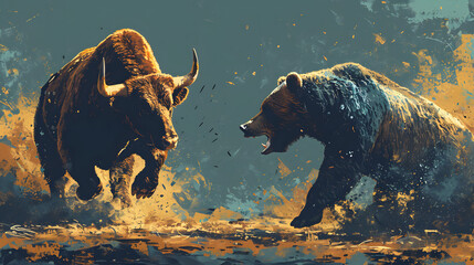 Bull and Bear in Stylized Market Battle. Illustration created with Generative AI - obrazy, fototapety, plakaty