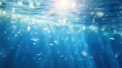 Fototapeta na wymiar Blue blurry sea water with sunbeams in underwater view bokeh background. AI generated image