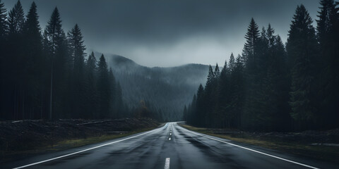 An Empty Road Driving Through Fog On An Overcast Afternoon Background.  - obrazy, fototapety, plakaty
