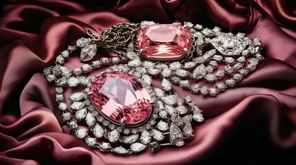 Stunning pink gemstone jewelry set amongst a backdrop of rich satin fabric, exuding opulence and timeless elegance.

