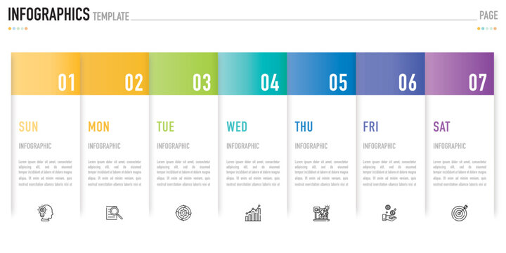 Rectangular paper origami timeline weekly infographic template or element with 7 day, step, process, option, colorful rectangle, bar, column, arrow, minimal style for sale slide, agenda, schedule, web