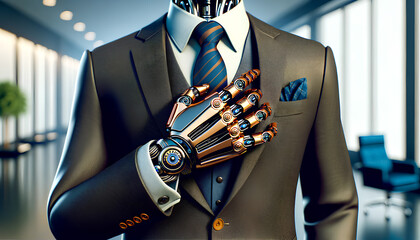 A creative depiction of a robot hand wearing a luxury suit and tie, The robotic hand should be highly detailed, Generative AI - obrazy, fototapety, plakaty