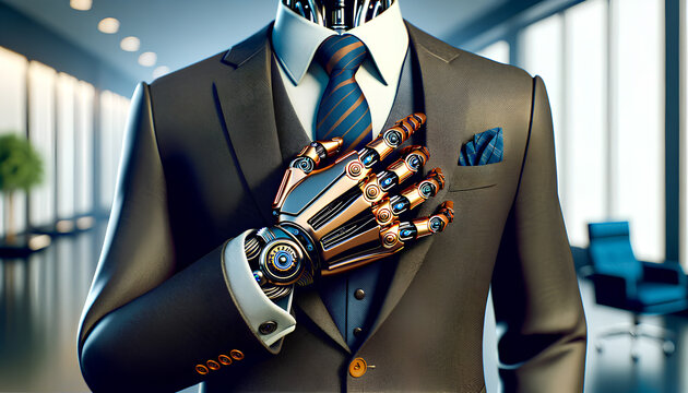 A creative depiction of a robot hand wearing a luxury suit and tie, The robotic hand should be highly detailed, Generative AI