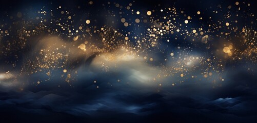 Mesmerizing midnight opulence, an abstract background adorned with golden constellations, radiant light rays, and enchanting bokeh in deep navy and gold hues.
