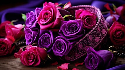 Lush pink and purple roses bouquet, evoking a sense of romance and abundance.