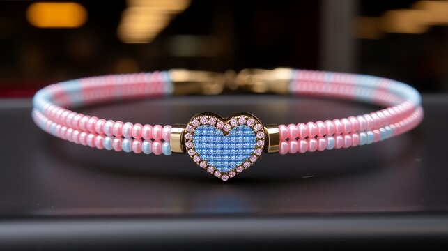 A delicate pink beads bracelet with a charming blue heart centerpiece