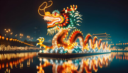 Obraz premium Colorful chinese new year dragon lantern statue at night.