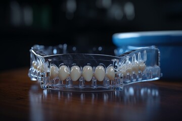 A 3D model of a clear Invisalign retainer for lower teeth. Generative AI