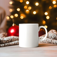 New Year, Christmas themed mug mockup, mug model, 3D rendering, Christmas background, design display