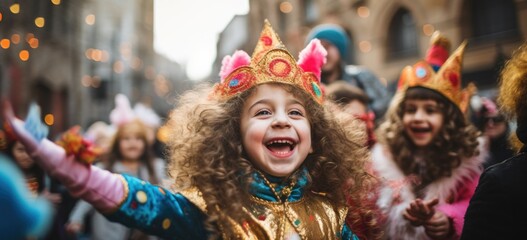 Children dressed in vibrant costumes, participating in a lively Purim parade, capturing the festive spirit. Banner.