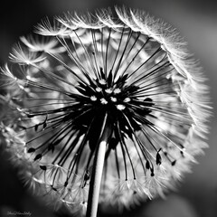 close up of a dandelion, black and white