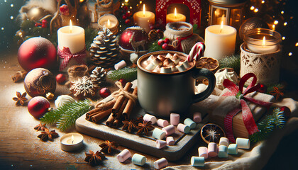 A festive Christmas feast scene featuring a table set with hot chocolate and marshmallows, inspired by the style of Monika Grabkowska's photography, Generative AI - obrazy, fototapety, plakaty