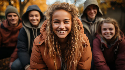 Fototapeta premium Group of five friends hanging outside in the fall. 