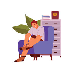 Smiling young boy sitting in blue chair and puts on socks flat style