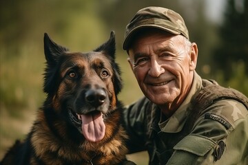 Senior man in military uniform with German shepherd dog. Selective focus. - obrazy, fototapety, plakaty