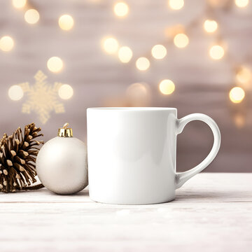 New Year, Christmas themed mug mockup, mug model, 3D rendering, Christmas background, design display