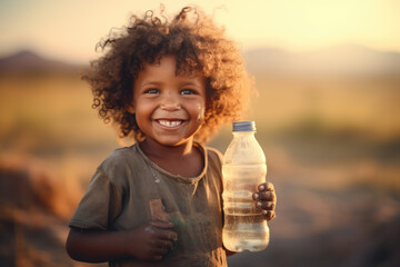 Thirsty and poor african holding an empty water bottle, saving water concept - Powered by Adobe