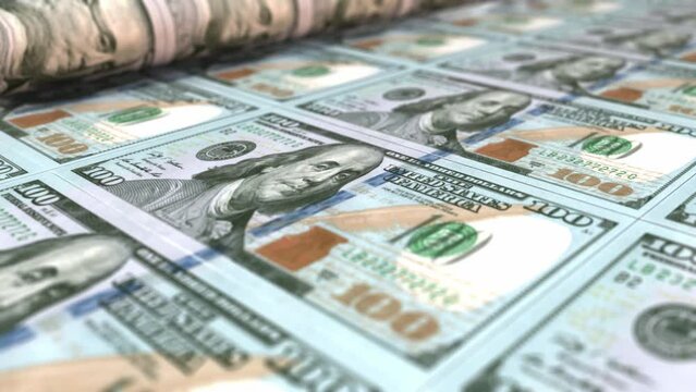 closeup of 100 USA dollars banknotes are being printed by currency press machine. process of american money printing, concept of finance business economy, 3D animation, 4k render.