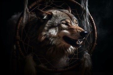 wolf trapped in dreamcatcher with intense anger. Generative AI - obrazy, fototapety, plakaty