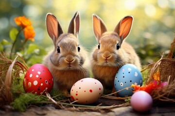 Background: Easter-themed with eggs and bunnies. Generative AI