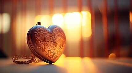 Romantic heart pendant with elegant ornaments on warm background with copy space.