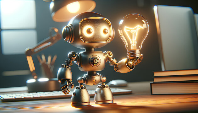 A mini robot with a lightbulb, showcasing a whimsical and innovative design. The robot is small and charming, Generative AI