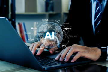 Ai translate language concept.Businessman hand with ai translator with blue background, Artificial...