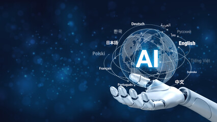 Ai translate language concept.Robot hand holds ai translator with blue background, Artificial intelligence chatbot equipped with a Language model technology. - obrazy, fototapety, plakaty