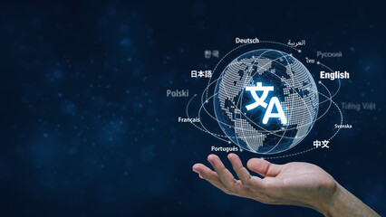 Man hand with translation icon for foreign languages on website.Symbol of translation.Ai...