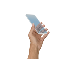 透明な未来的デバイスを持つ手 クリッピングパスで精密に切り抜いた背景透過写真PNG