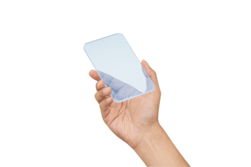 透明な未来的デバイスを持つ手 クリッピングパスで精密に切り抜いた背景透過写真PNG