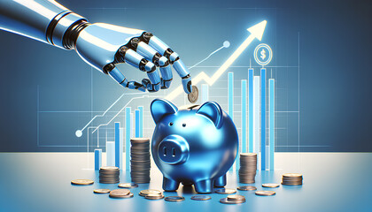 A scene depicting a robot hand putting coins into a blue piggy bank symbolizes savings and investment growth. The robot hand is sleek and metallic, Generative AI - obrazy, fototapety, plakaty