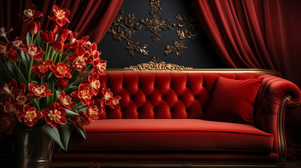 red sofa with flowers, red sofa in the room, 