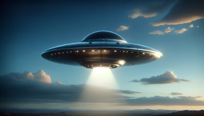 A scene featuring a UFO or flying saucer in the sky. The UFO should have a classic flying saucer design, Generative AI