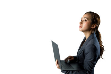 ノートパソコンを使う女性　クリッピングパスで精密に切り抜いた背景透過写真PNG