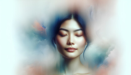 An abstract portrait of a woman with her eyes closed. The image should have a dreamlike, surreal quality. Generative AI