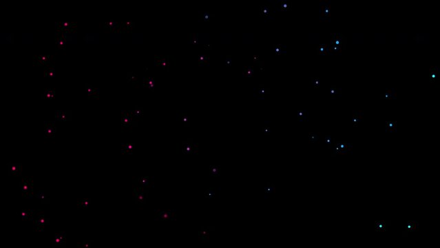 Abstract and decorative animation of red and blue particle explosion on a black background
