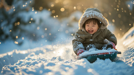 Asian toddler child wearing a coat laughing and having fun on a snow sled, skid, sledge, toboggan and sliding down hill of snow - obrazy, fototapety, plakaty