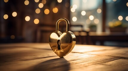 A golden heart-shaped padlock with intricate designs on a wooden surface against a bokeh backdrop - obrazy, fototapety, plakaty