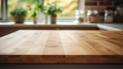 Blurred kitchen counter with a wooden table surface - obrazy, fototapety, plakaty