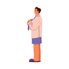 Man dressing up and ties a tie at home, flat cartoon vector illustration