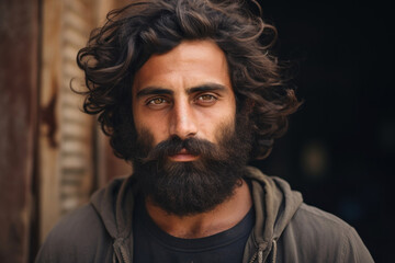 A handsome man with a full beard and disheveled hairstyle, reflecting a rugged and natural allure....