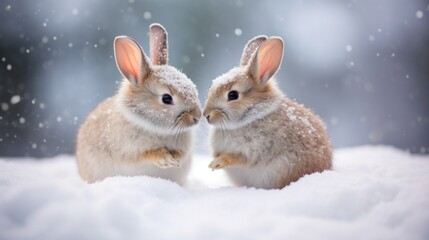 A couple of rabbits sitting in the snow